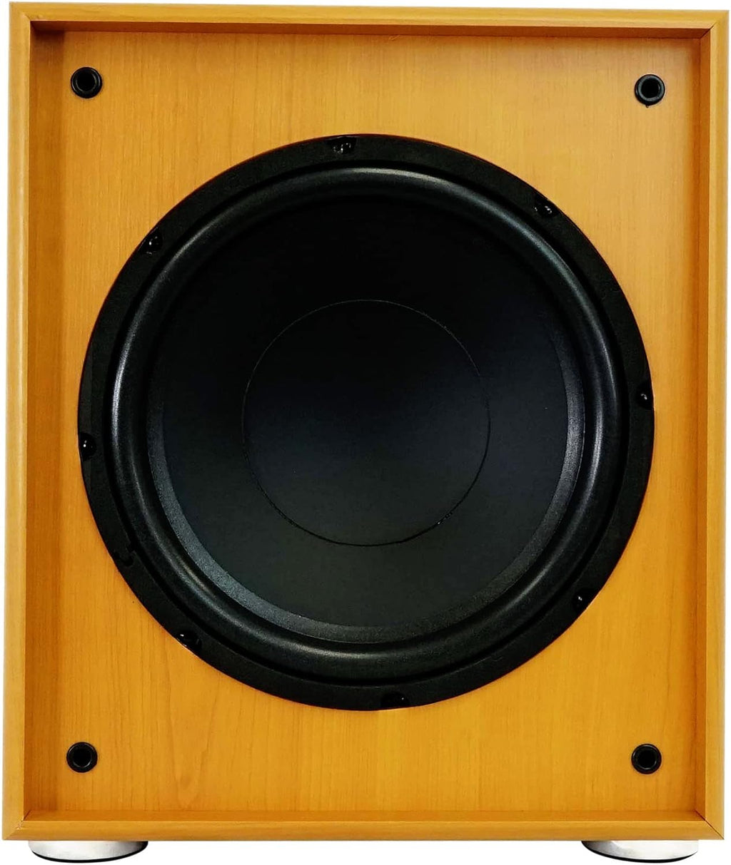 Rock Shaker 10 Wood 10" Subwoofer, 600W Peak/300W RMS Powered Home Theater Sub, Deep Bass, MDF Cabinet, Adjustable Controls, for Movies and Music