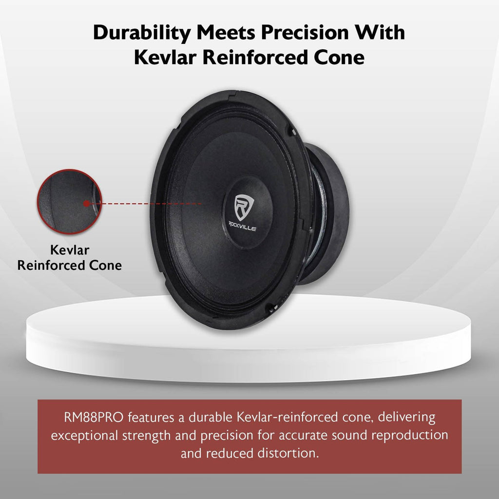 RM88PRO Mid-Range Competition Car Speaker, 8”, 300W, 8 Ohm, Kevlar Cone, Open Basket, CEA Compliant, 100Oz Magnet, Perfect for Car Audio