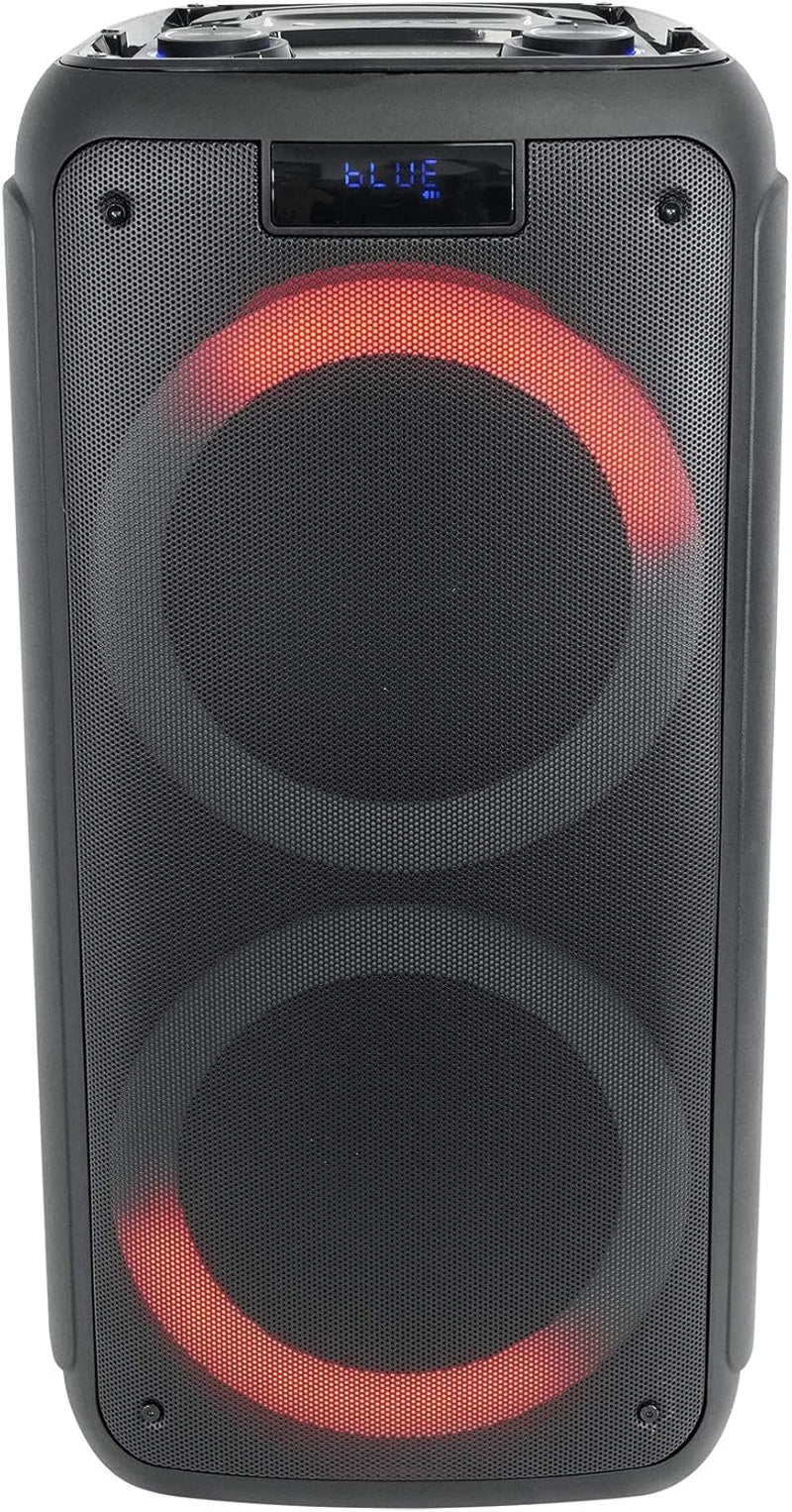 Rock Party 8 Dual 8" 500W Battery Powered Bluetooth Speaker, LED Lights, 2 Mic Inputs, Mega Bass, TWS Pairing, for Parties, Karaoke, and Home Entertainment