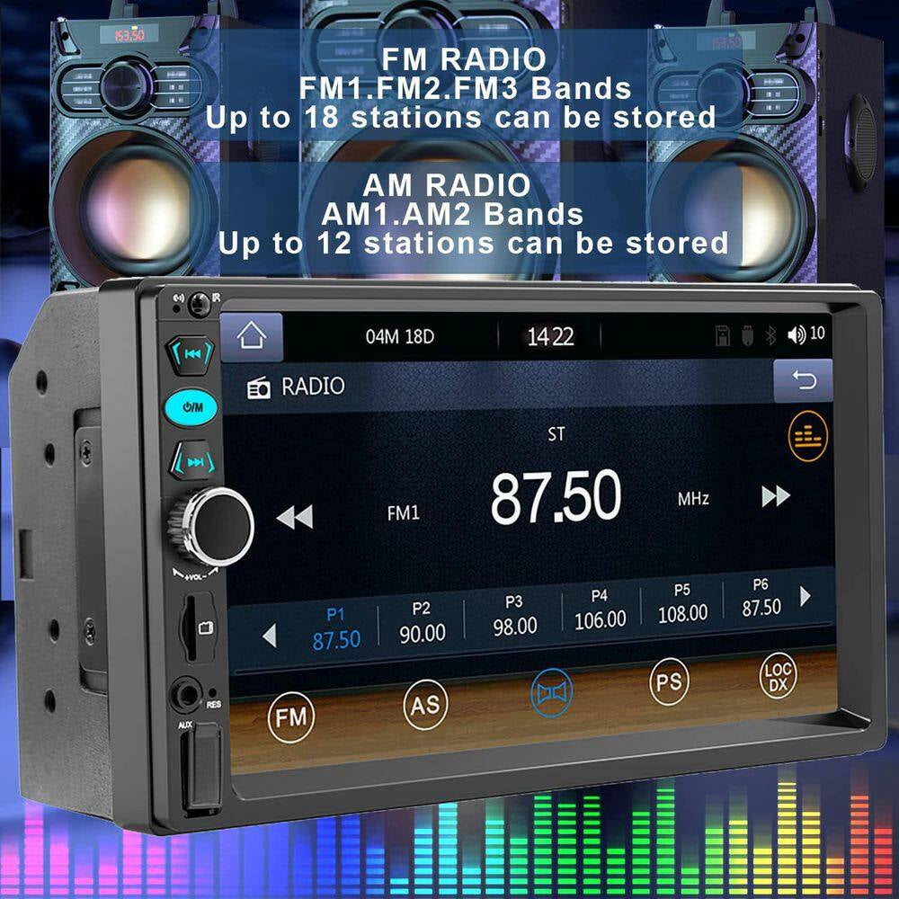 7 In. Double Din Touch Screen Car Radio with Apple Carplay Bluetooth Stereo Backup Camera Steering Controls