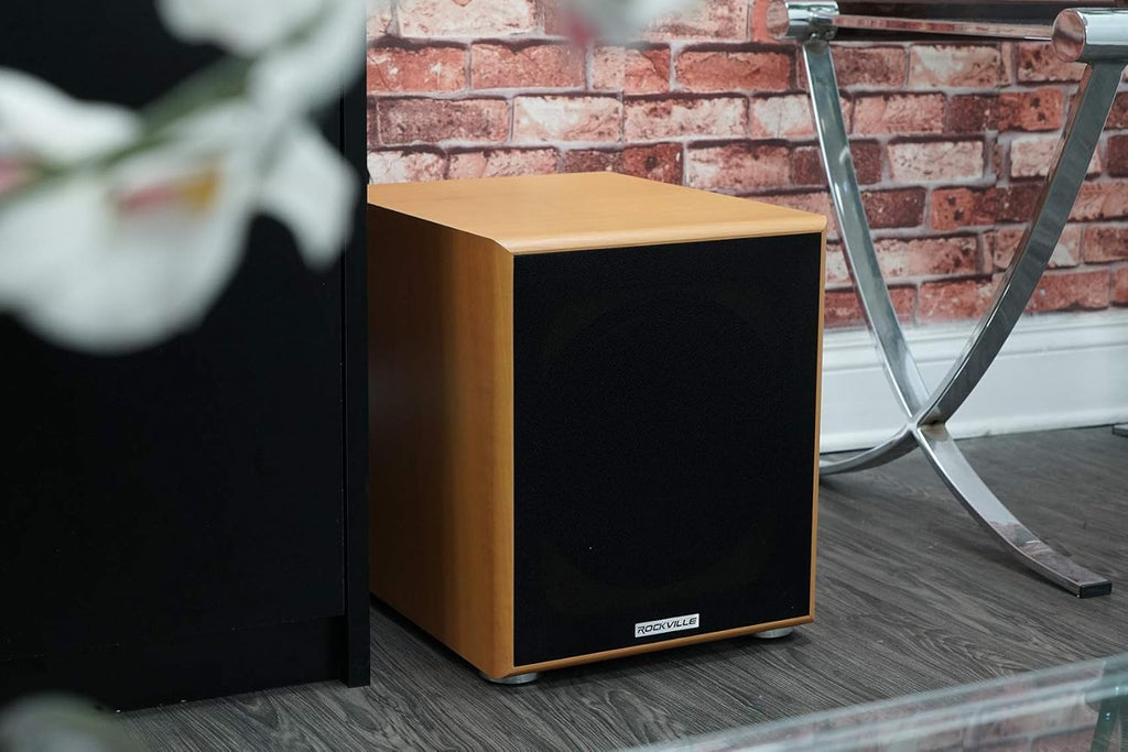 Rock Shaker 10 Wood 10" Subwoofer, 600W Peak/300W RMS Powered Home Theater Sub, Deep Bass, MDF Cabinet, Adjustable Controls, for Movies and Music