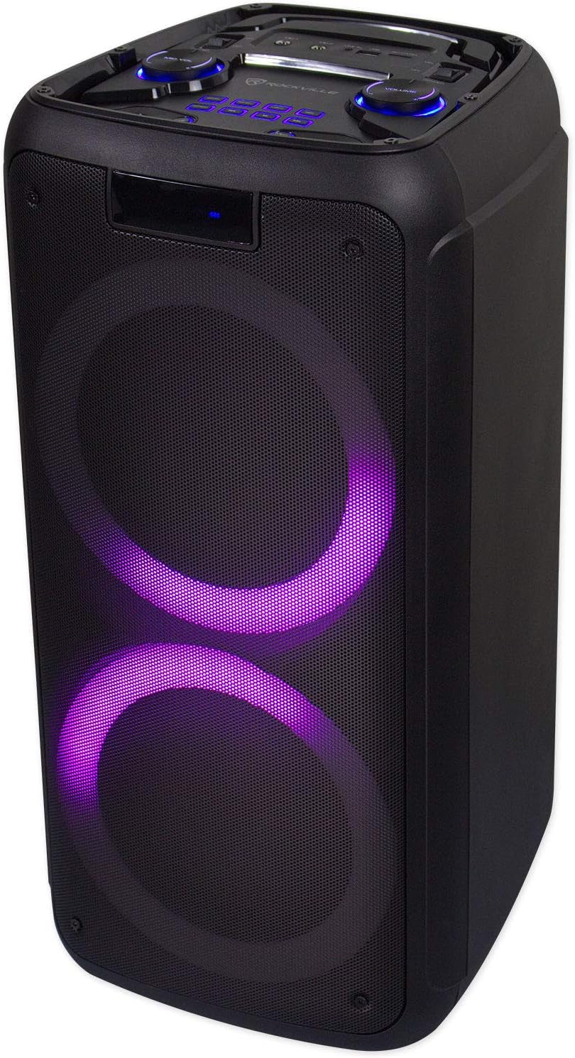 Rock Party 8 Dual 8" 500W Battery Powered Bluetooth Speaker, LED Lights, 2 Mic Inputs, Mega Bass, TWS Pairing, for Parties, Karaoke, and Home Entertainment