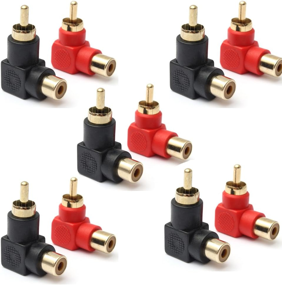 RCA Male to RCA Female Connectors Right Angle Plug Adapters M/F 90 Degree Elbow Gold-Plated (5 Black + 5 Red) (10-Pack)