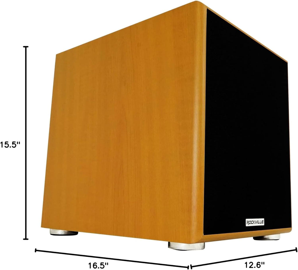 Rock Shaker 10 Wood 10" Subwoofer, 600W Peak/300W RMS Powered Home Theater Sub, Deep Bass, MDF Cabinet, Adjustable Controls, for Movies and Music