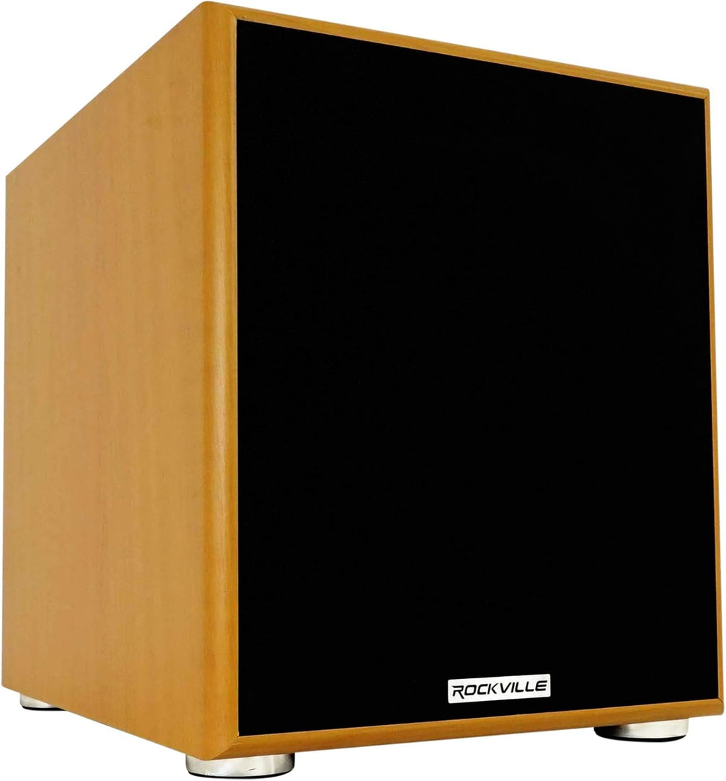 Rock Shaker 10 Wood 10" Subwoofer, 600W Peak/300W RMS Powered Home Theater Sub, Deep Bass, MDF Cabinet, Adjustable Controls, for Movies and Music
