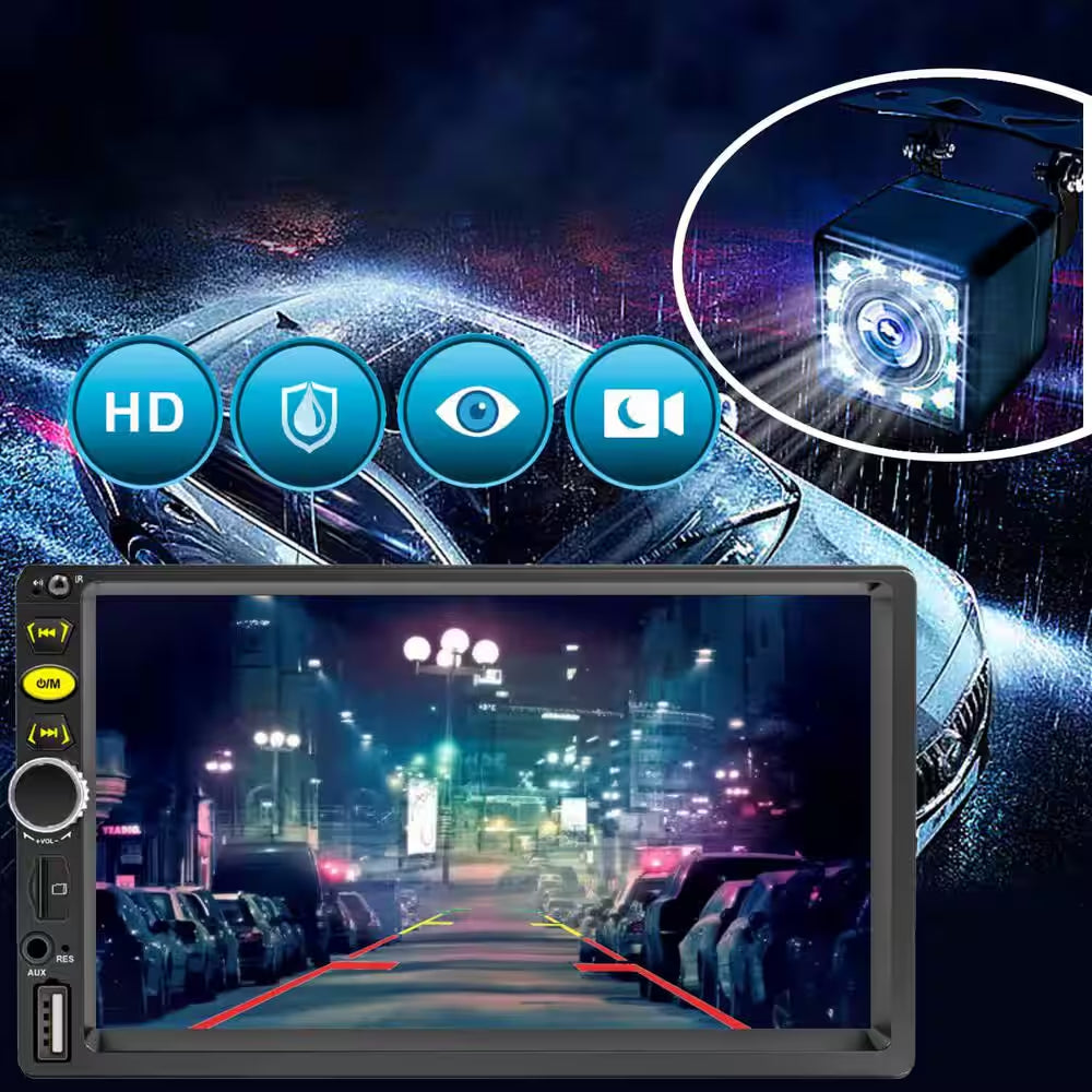 7 In. Double Din Touch Screen Car Radio with Apple Carplay Bluetooth Stereo Backup Camera Steering Controls