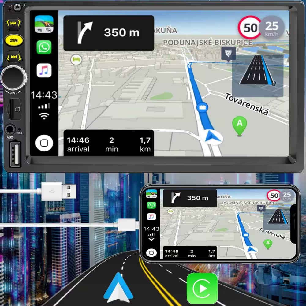 7 In. Double Din Touch Screen Car Radio with Apple Carplay Bluetooth Stereo Backup Camera Steering Controls