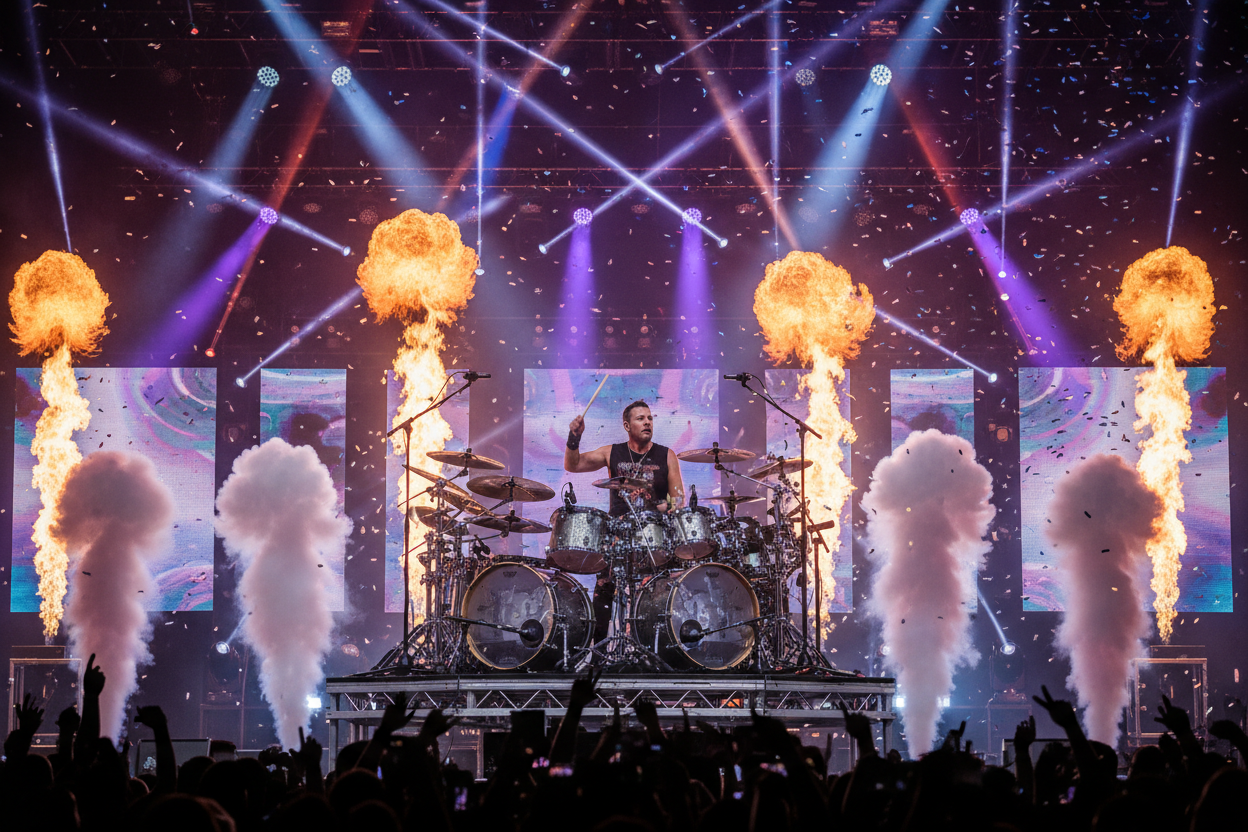 Drummer on Stage with Lighting and Pyro