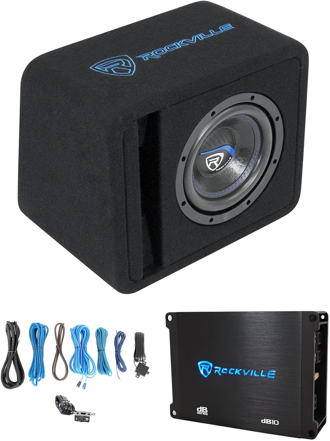 SK58 Package 8" 800W Loaded K5 Car Subwoofer Enclosure+Db10 Amplifier, 4 Ohm, Deep Bass, Compact Design, Easy Installation, for Car Audio Enthusiasts